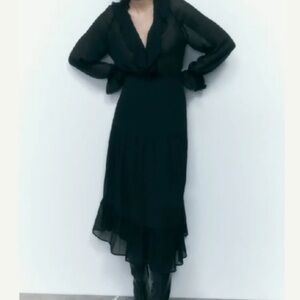 ZARA BLACK L MIDI DRESS WITH RUFFLES New WhimsyGoth Holiday Fairy